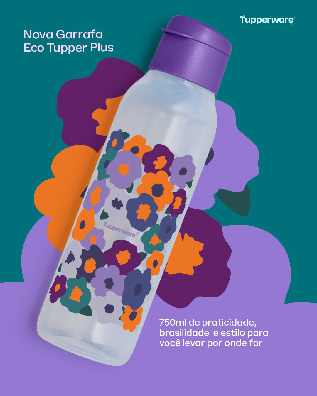 Garrafa de Água Tupperware Eco Tupper Plus Viva As Cores Flores 750ml Roxo