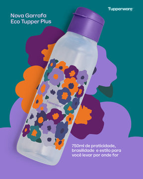 Garrafa de Água Tupperware Eco Tupper Plus Viva As Cores Flores 750ml Roxo