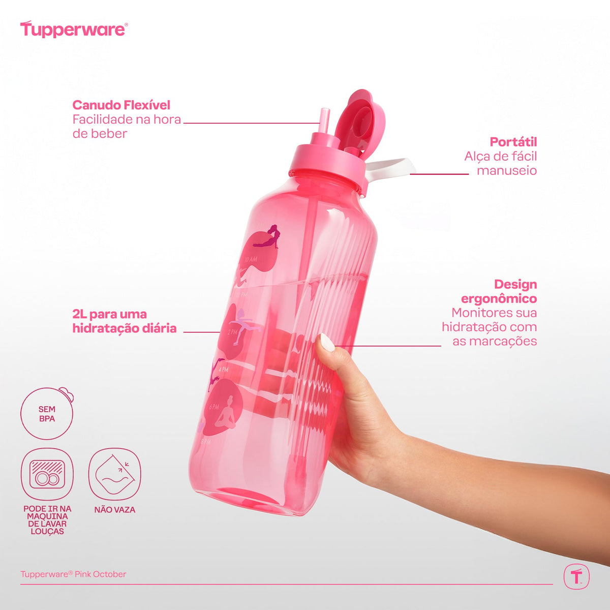 Garrafa de Água Tupperware Aquavibe com Canudo Flexível 2L Rosa