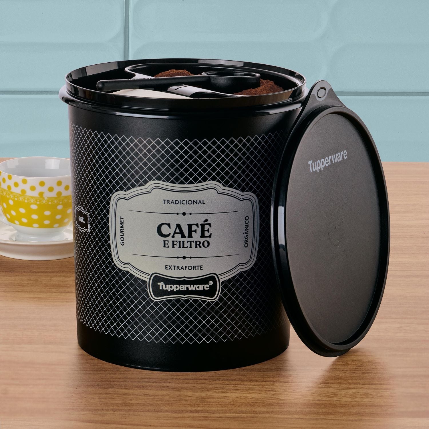 Pote Tupper Caixa Café E Filtro Tupperware Essences Preto 500g e 30 Filtros